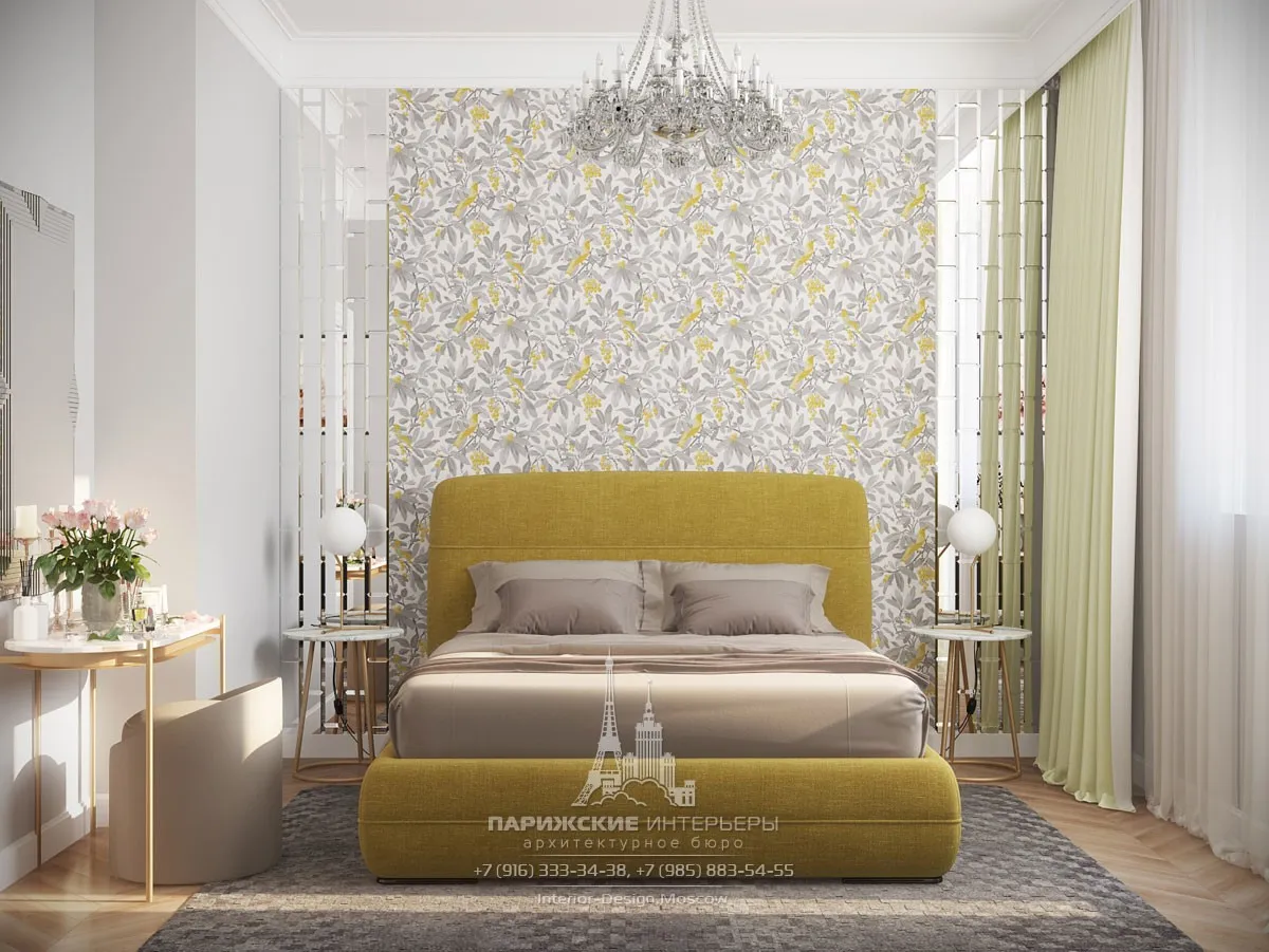 Дизайн спальни в светлых тонах с оливковыми акцентами