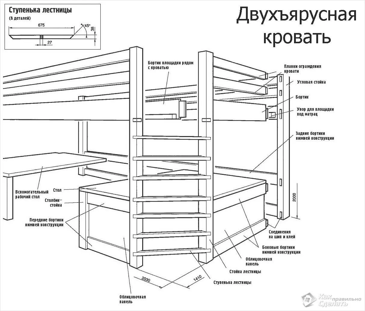 Двухъярусная детская кровать чертеж