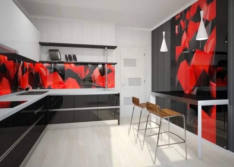 Стеклянные красно-черные панели на кухне