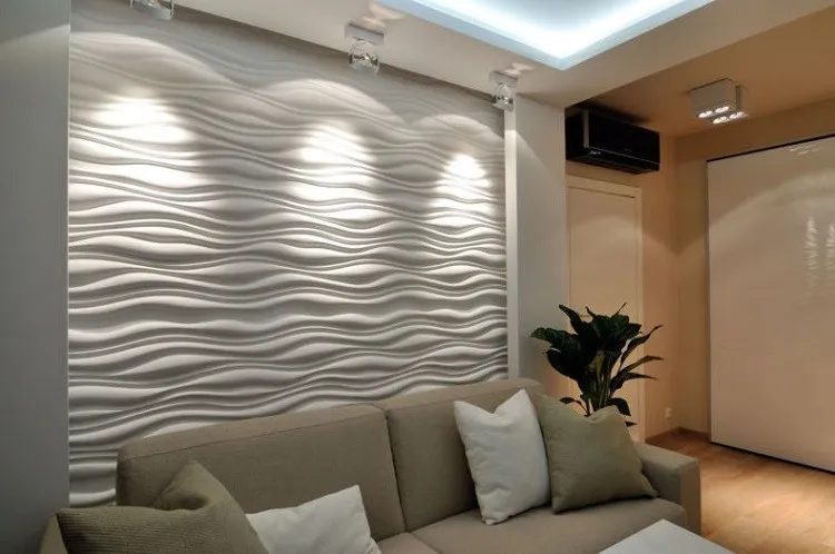 Стена за диваном с 3Д-эффектом волн