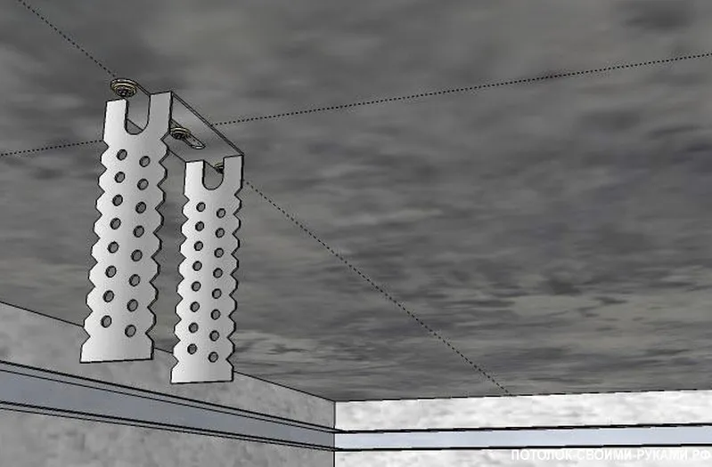 Схема крепления подвеса для монтажа гипсокартонного потолка