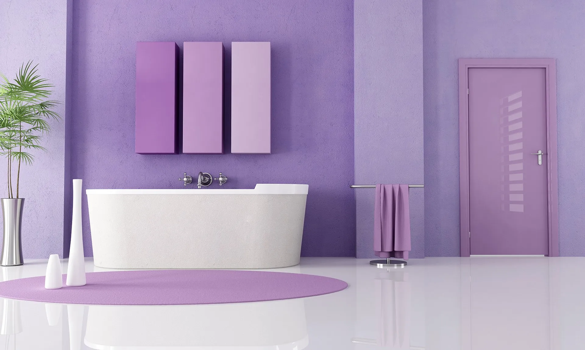 Покраска стен в ванной комнате фиолетовой краской