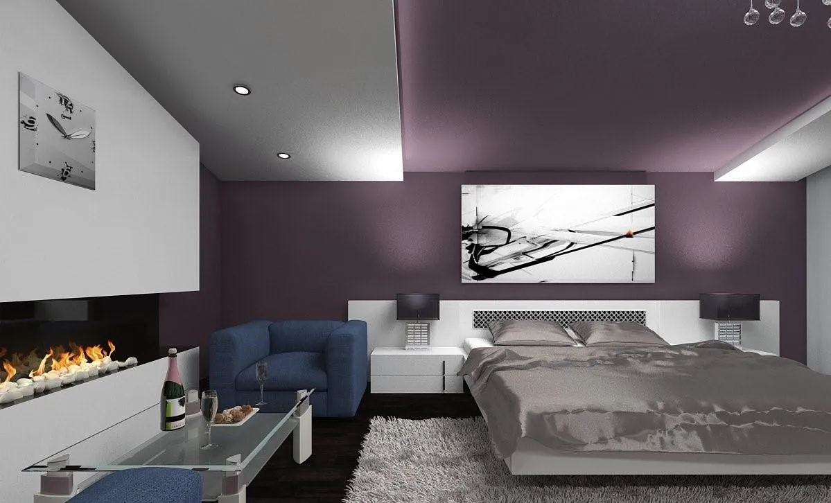 Фиолетовый матовый потолок в спальне Хай-тек