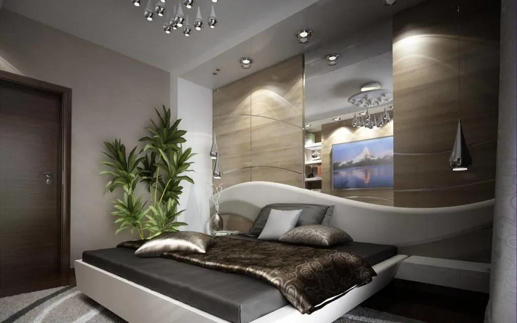 Спальня Хай-тек с комнатным растением 