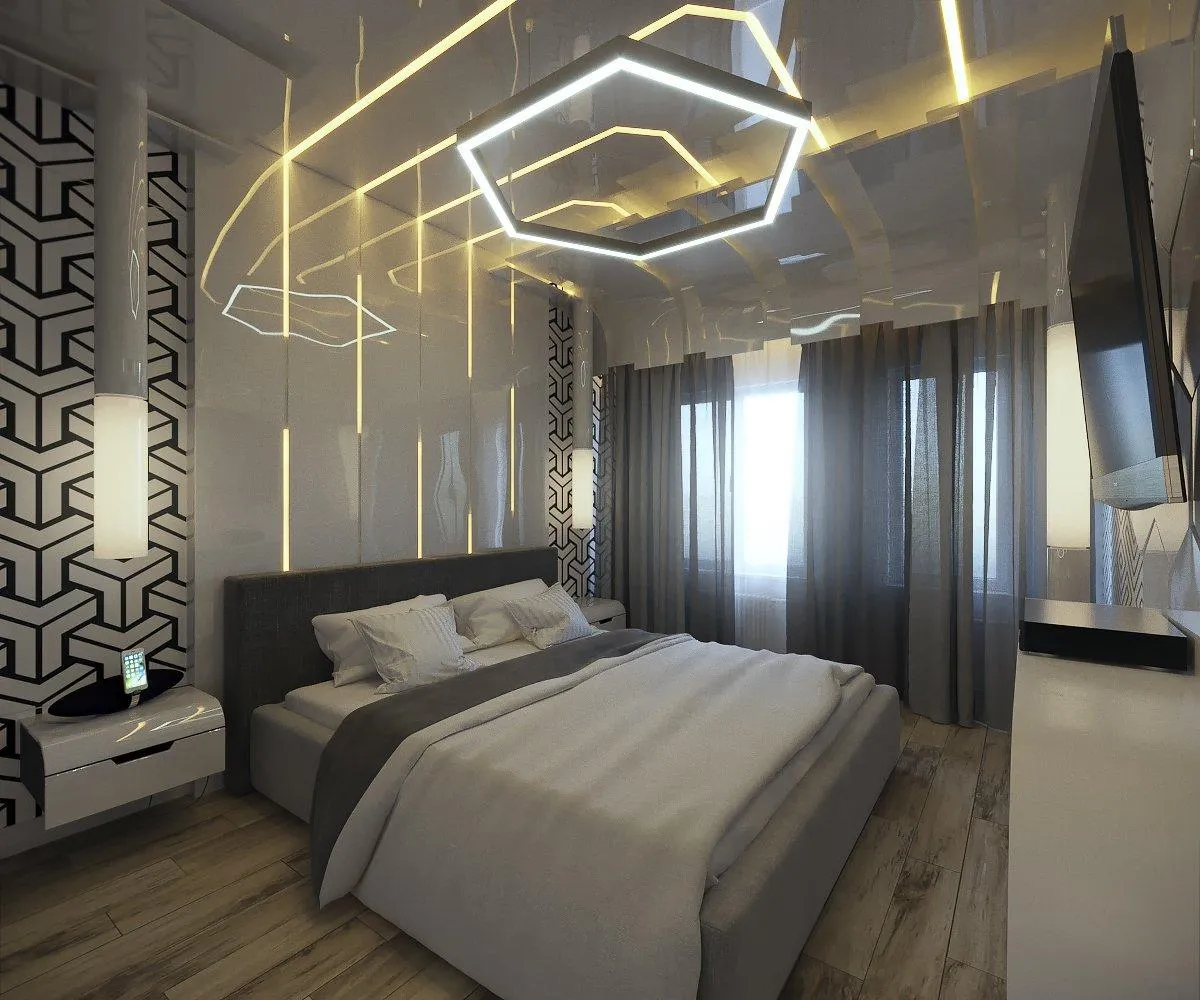 Необычное встроенное освещение в спальне Хай-тек