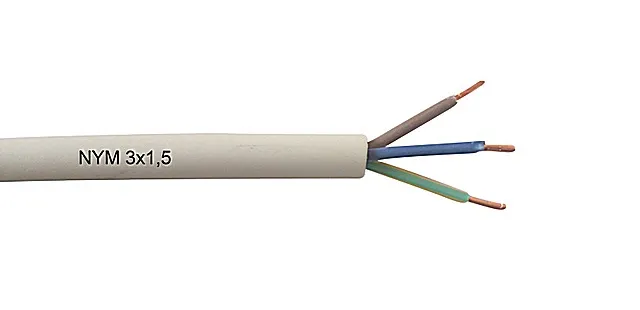 Трехжильный кабель NYM 3×1,5 в характерной для него оплетке белого цвета
