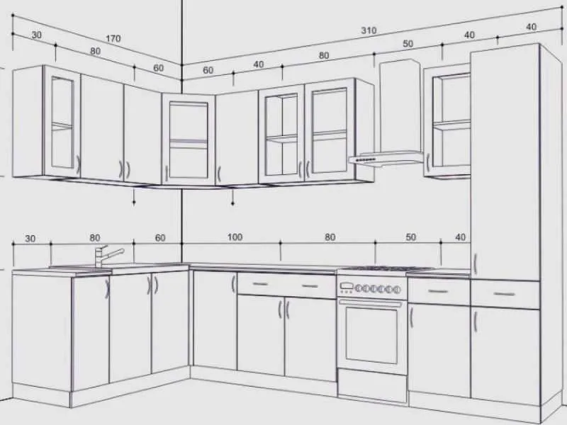 Чертеж угловой кухни с размерами всех шкафов