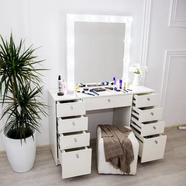 Туалетный столик с 9 ящиками для косметики и зеркалом для макияжа с гримёрным зеркалом и подсветкой