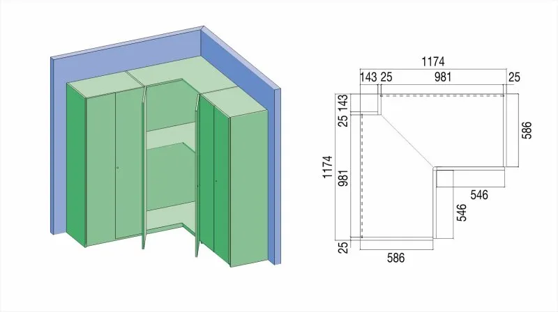 Шкаф навесной угловой 500х500 размер фасада